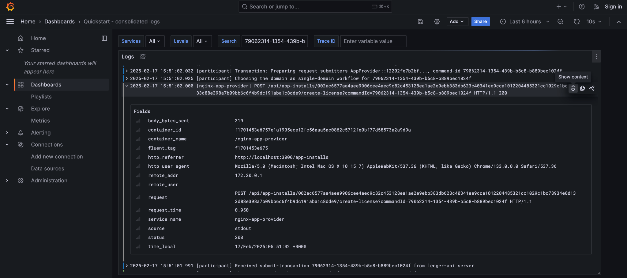 Grafana log context link
