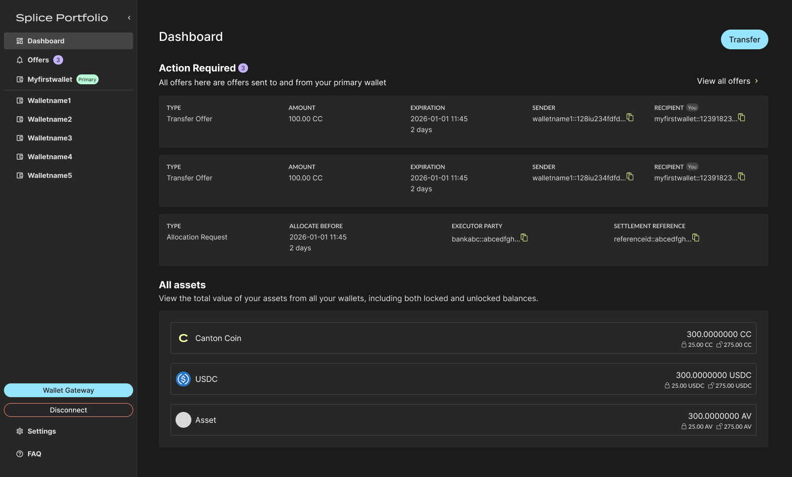 Splice Portfolio Dashboard showing aggregated assets across parties