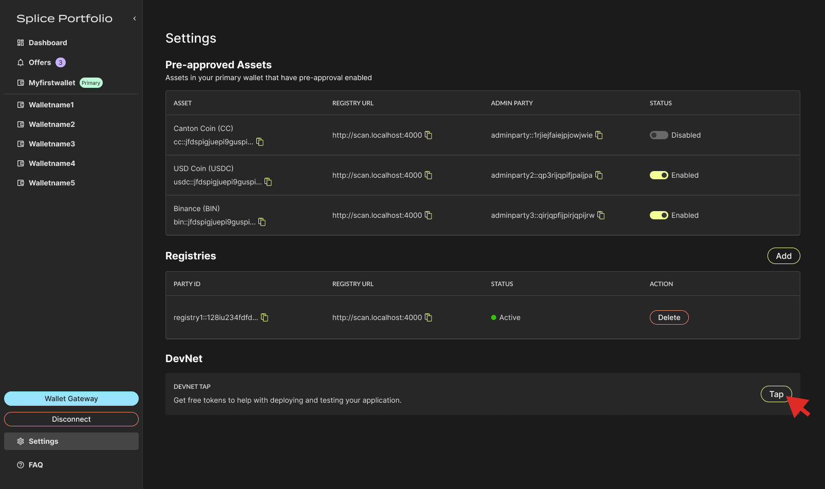 DevNet section of the Settings page with the Tap button