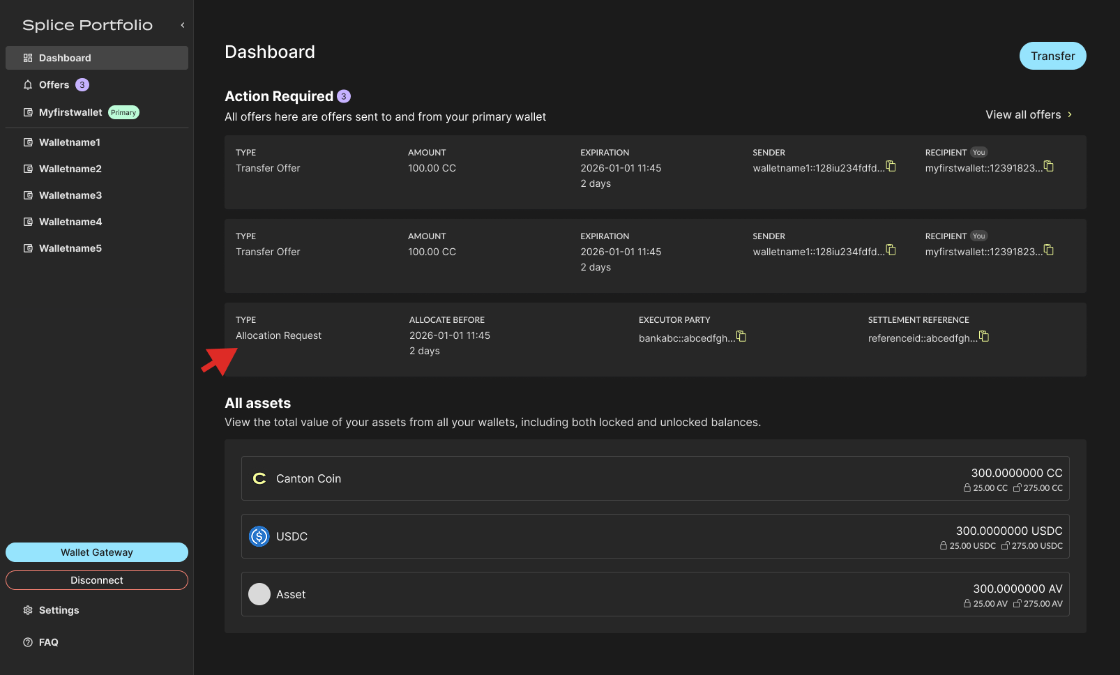 Allocation request on the Dashboard