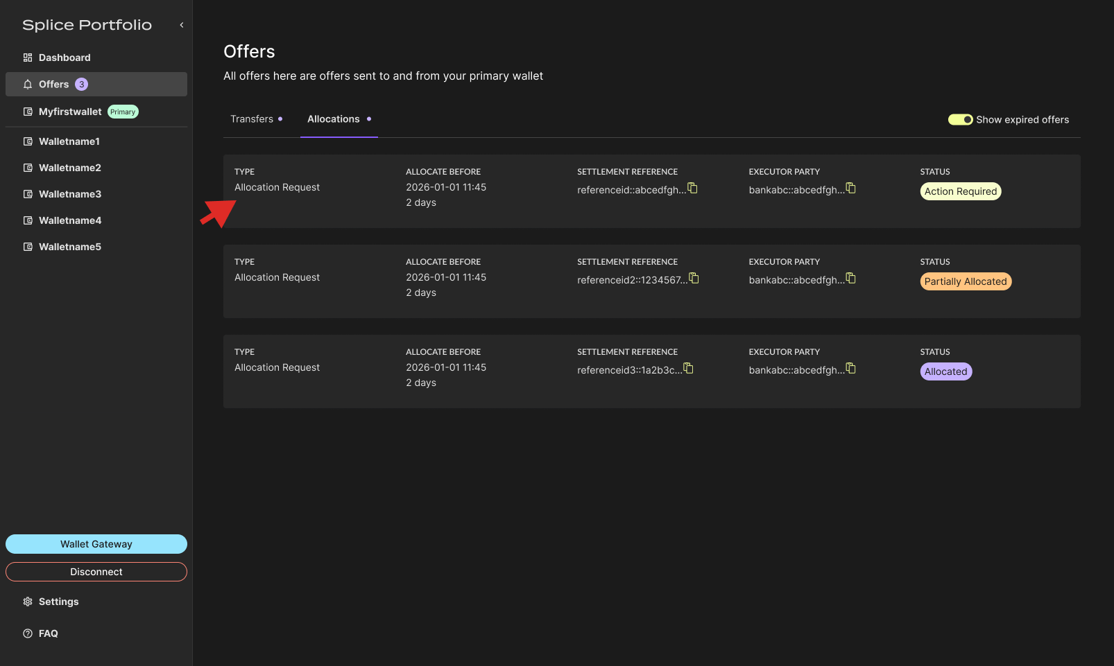 Allocation request in the Offers page