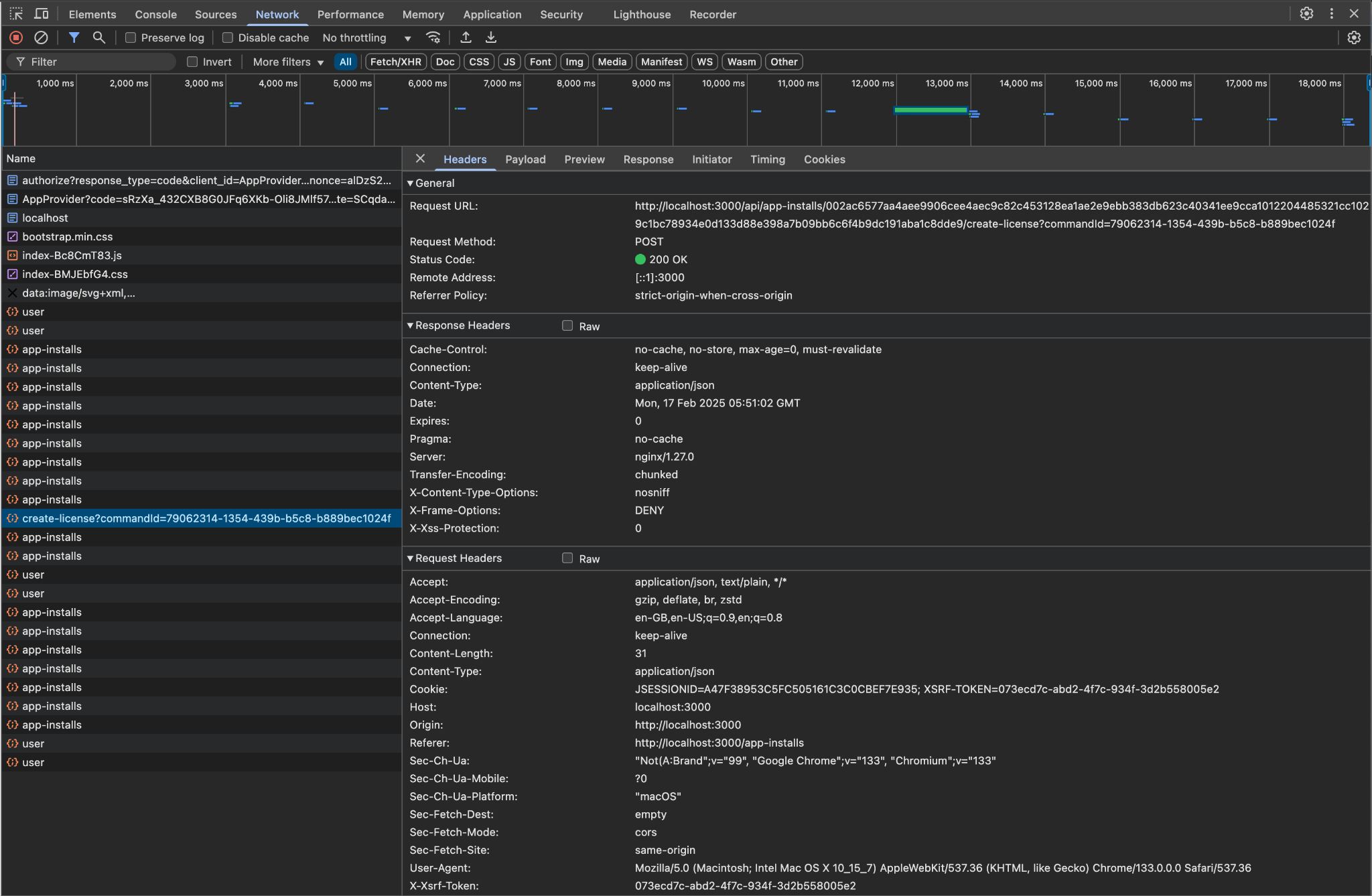 Browser developer tools showing HTTP call to Backend-Service