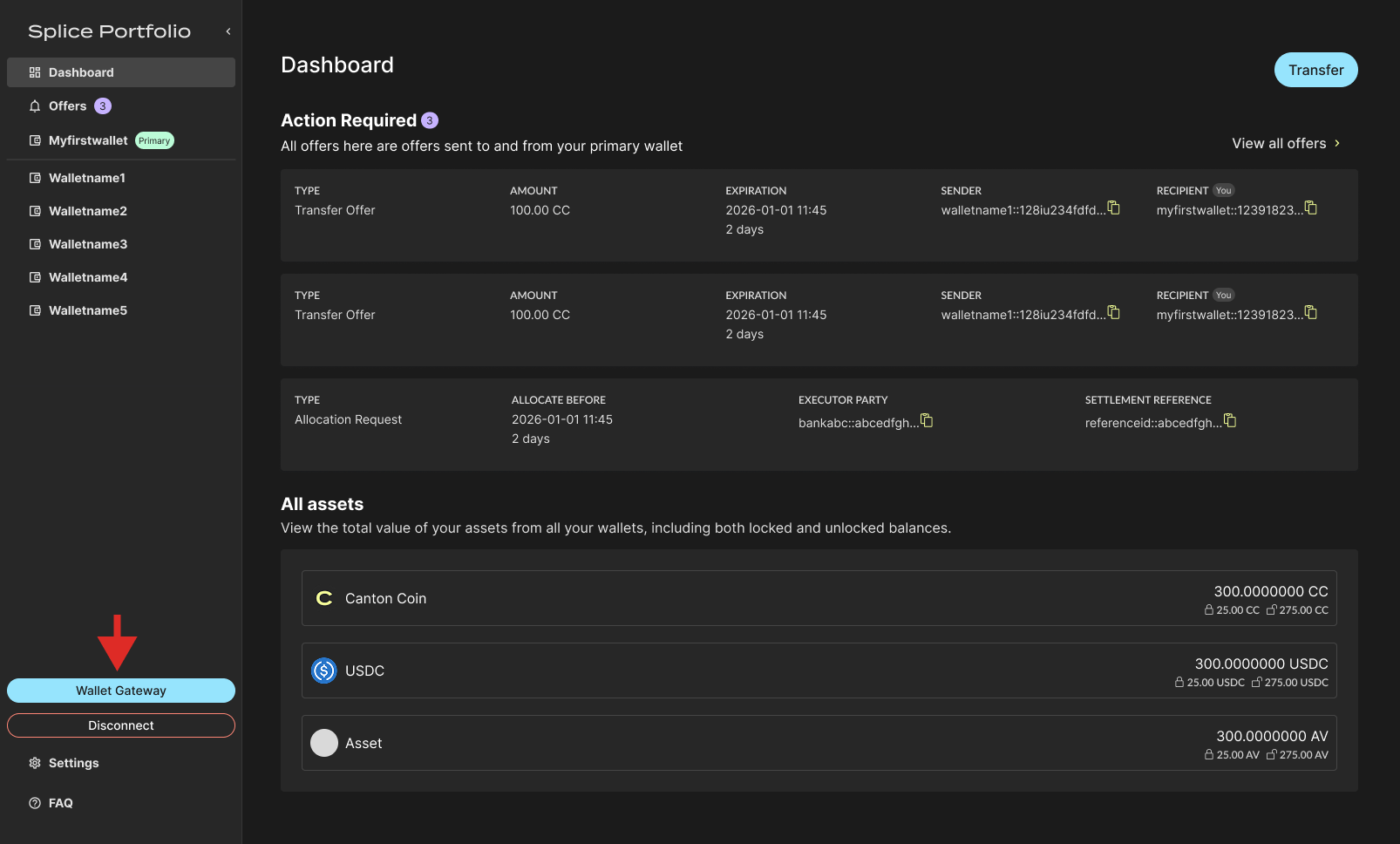Wallet Gateway button at the bottom of the left navigation