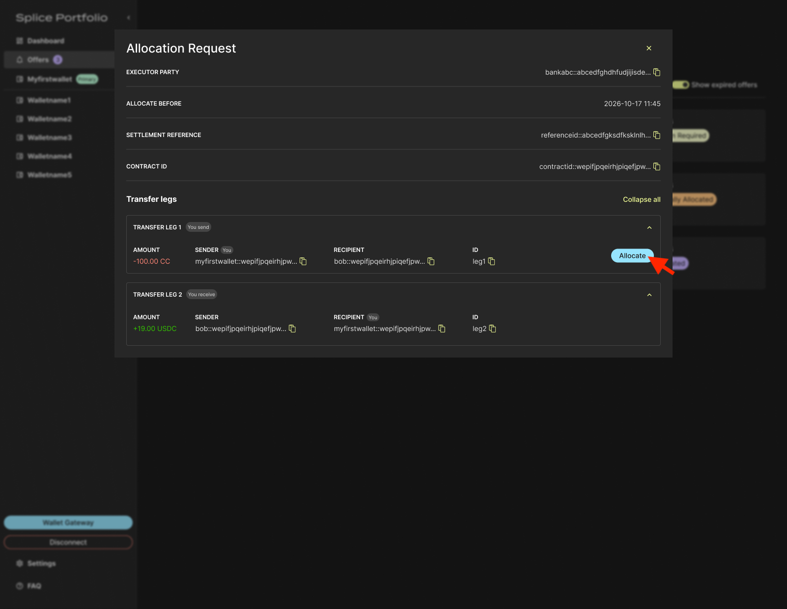 Allocate buttons on the trader legs of an allocation request
