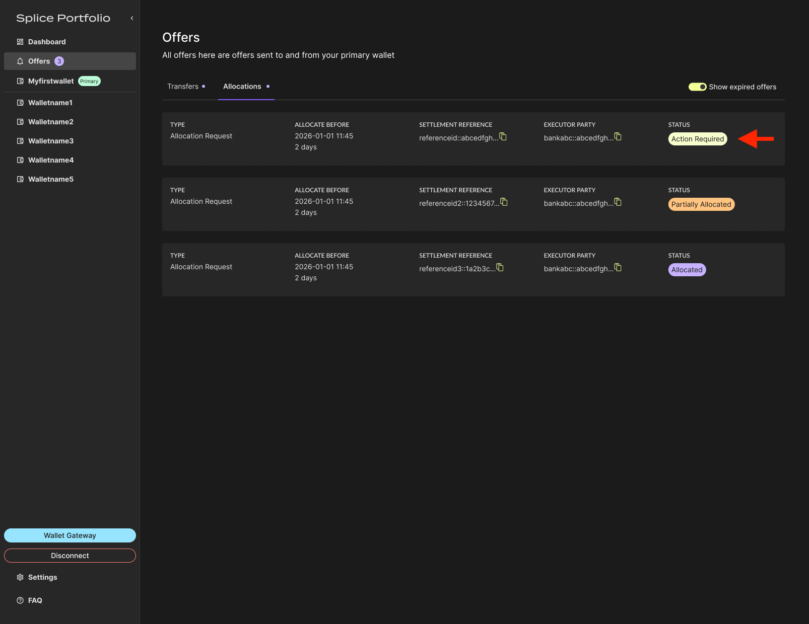 Allocation request with Action Required status