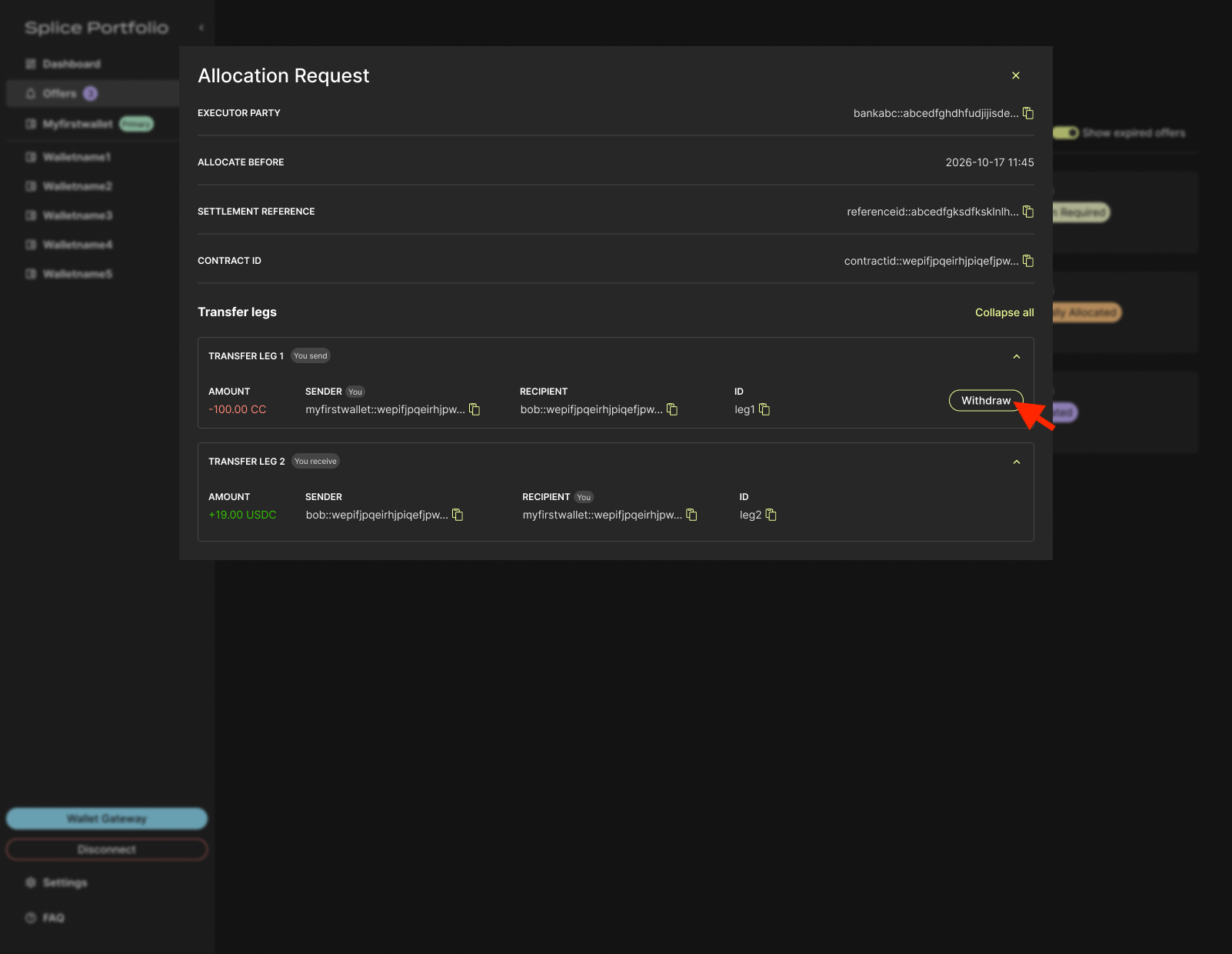 Withdraw buttons on the transfer legs of an allocation