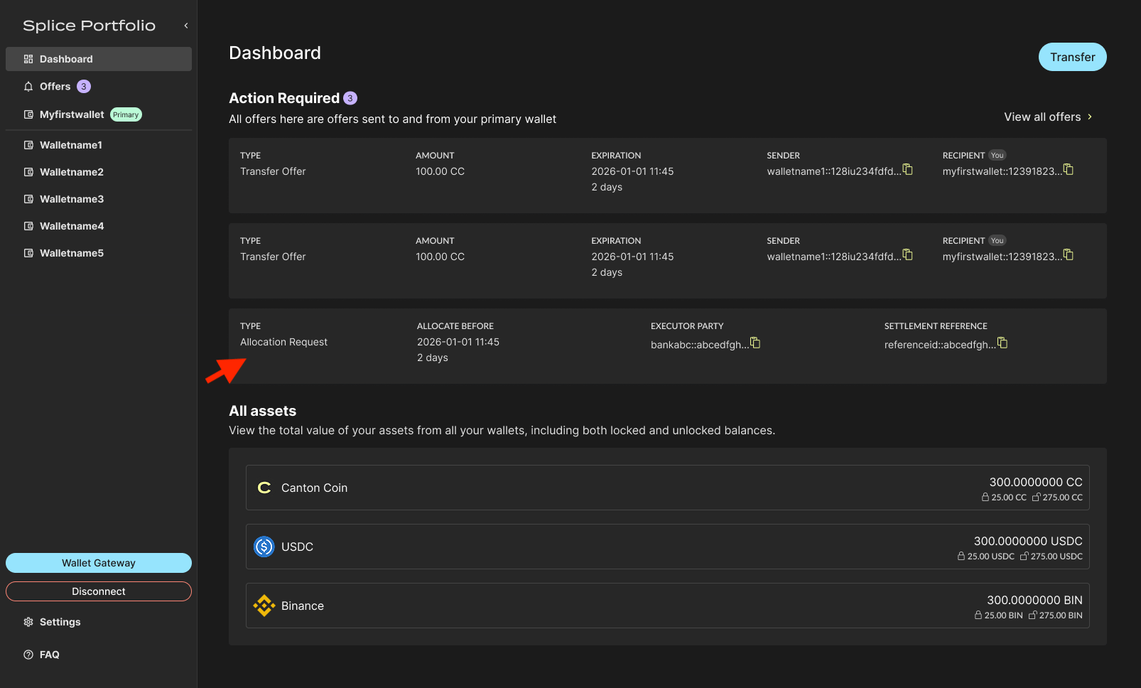 Allocation request on the Dashboard