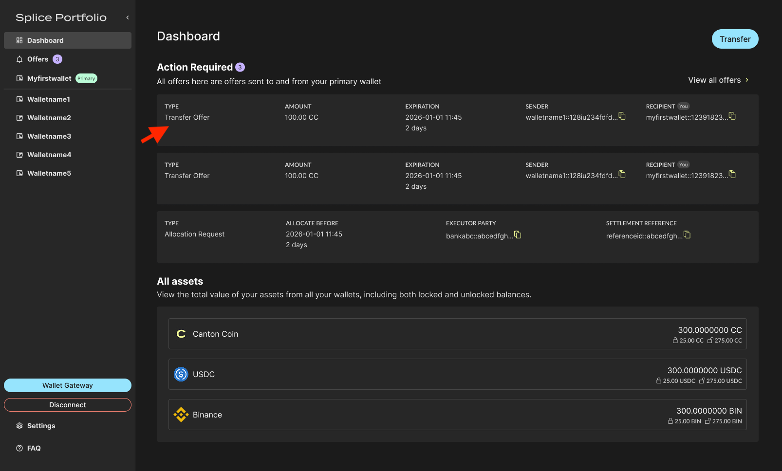 Incoming transfer offer on the Dashboard