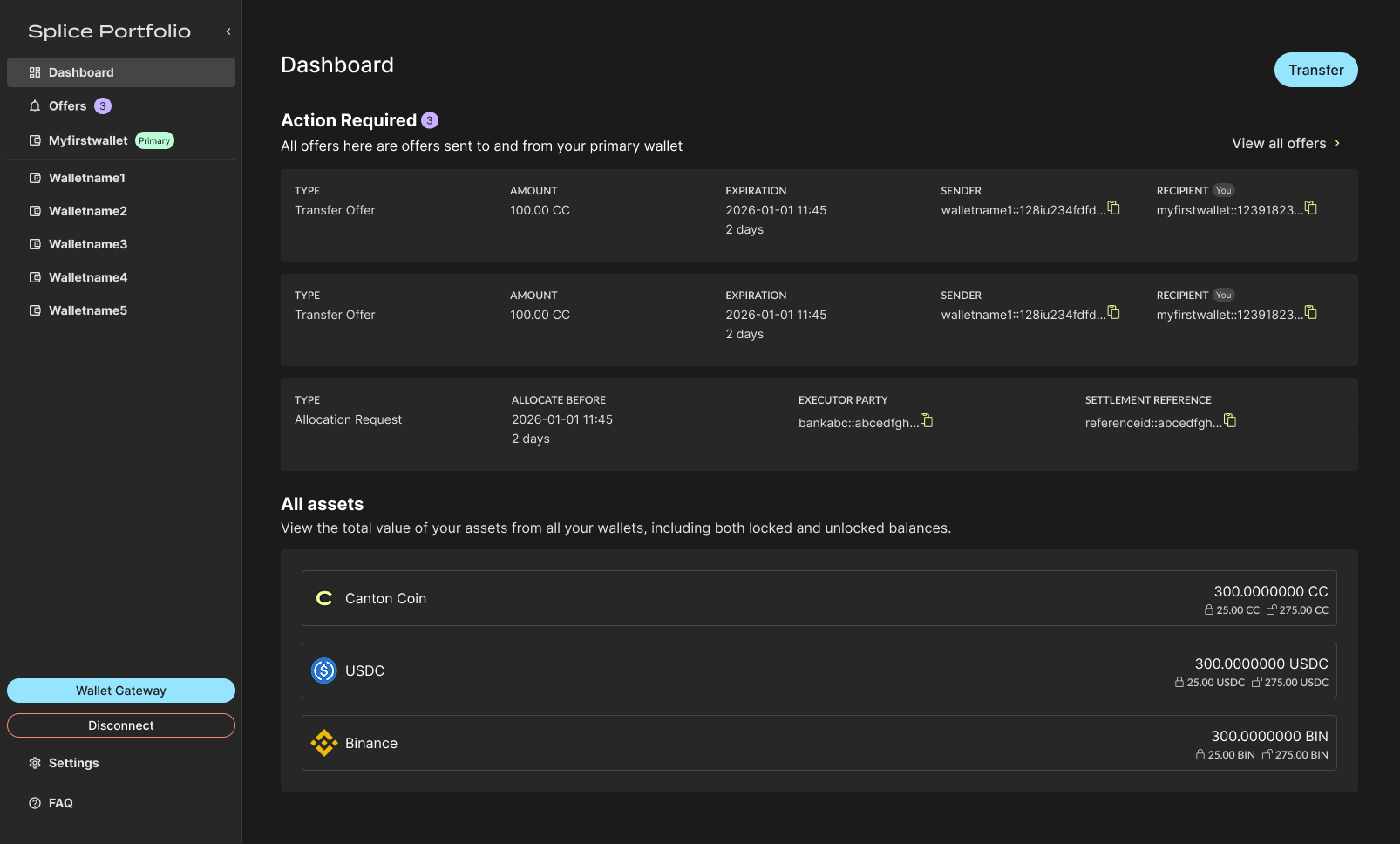 Splice Portfolio Dashboard showing aggregated assets across parties