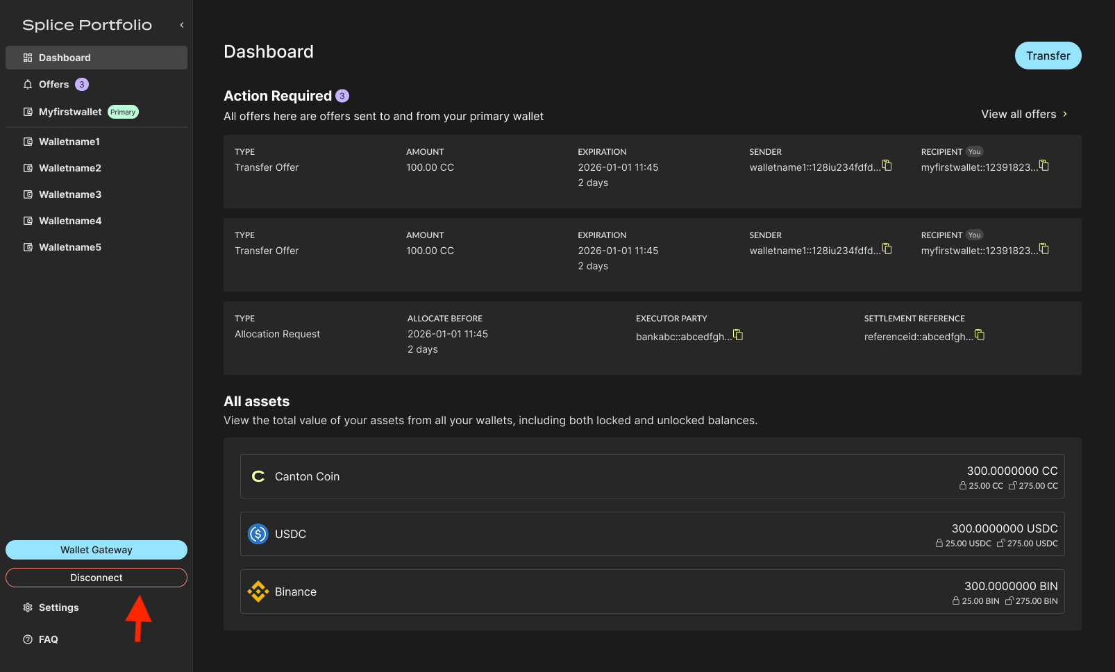 Disconnect button in the left navigation