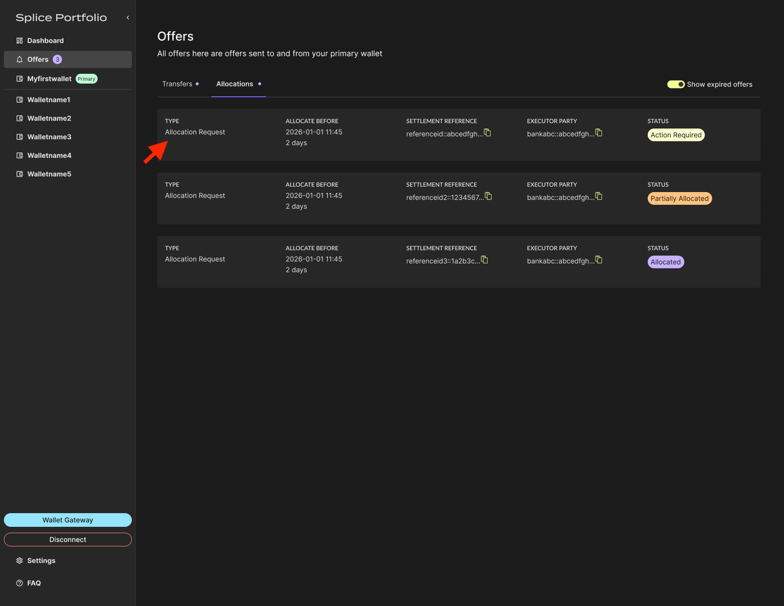 Allocation request in the Offers page