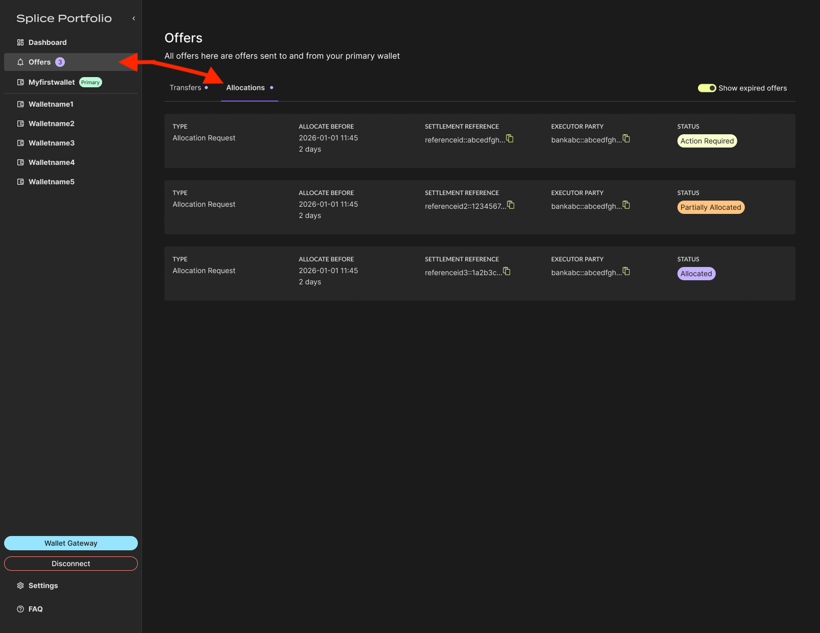 Offers page with the Allocations tab selected
