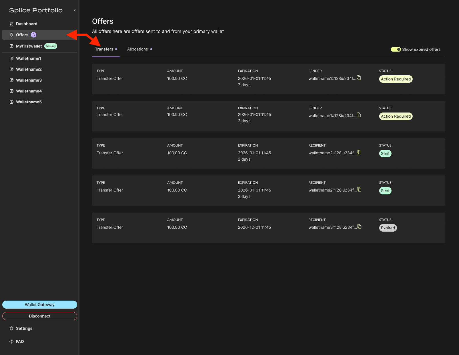 Offers page with the Transfers tab selected