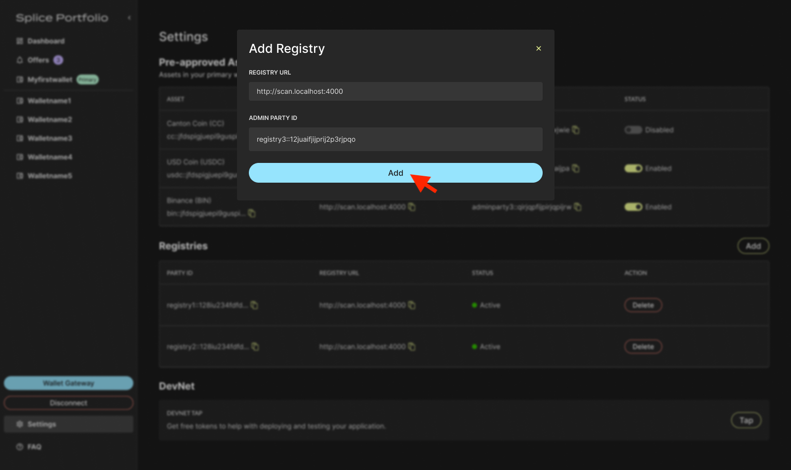 Form for entering a registry URL and admin party