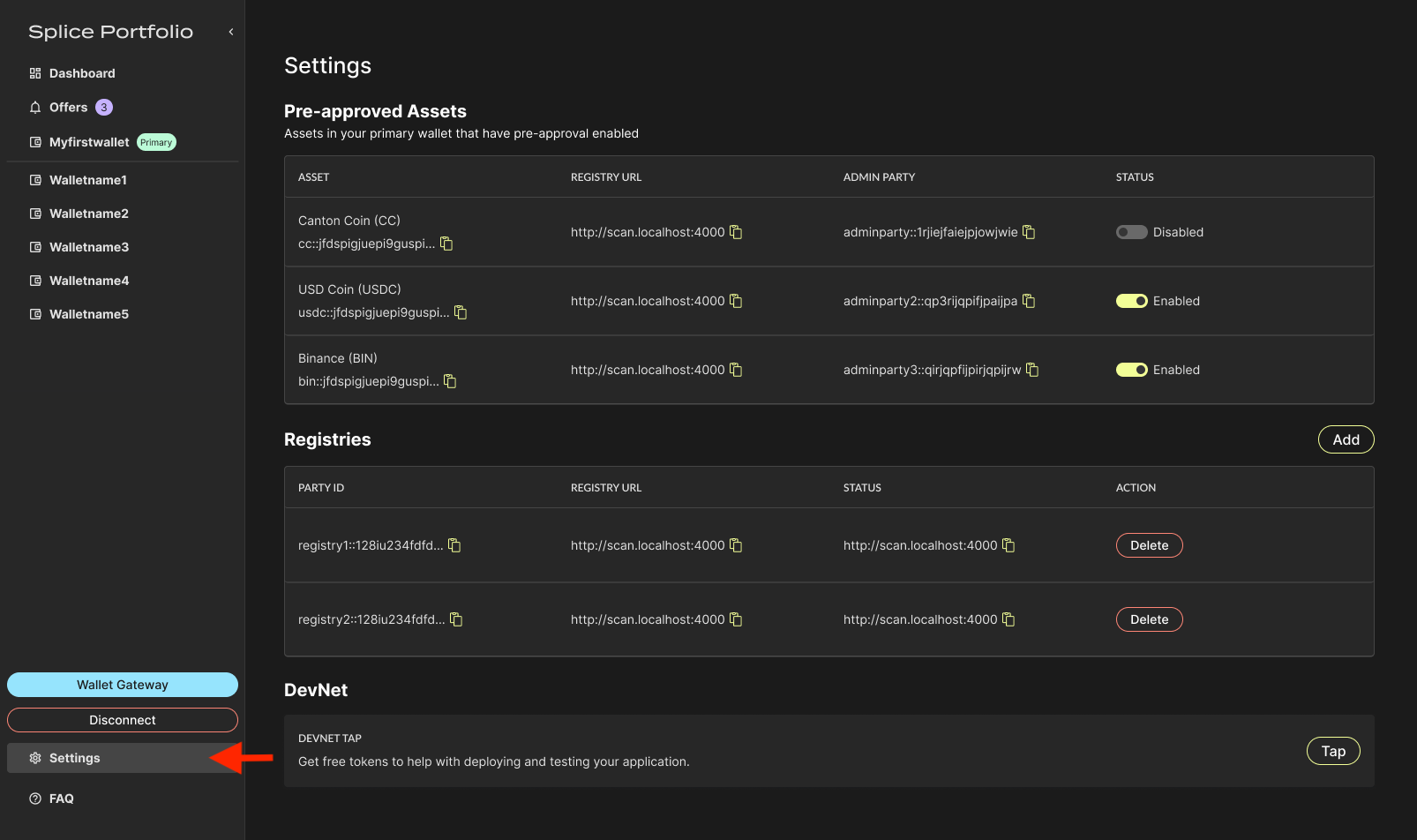 Settings page showing registries, pre-approvals, and DevNet sections
