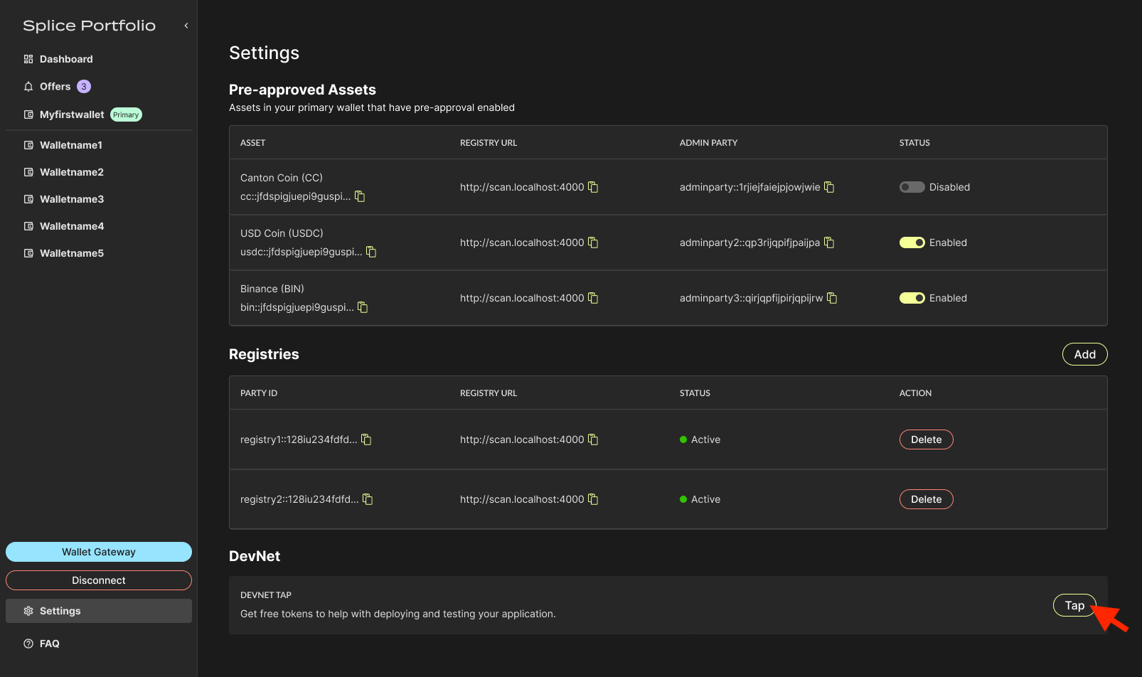 DevNet section of the Settings page with the Tap button