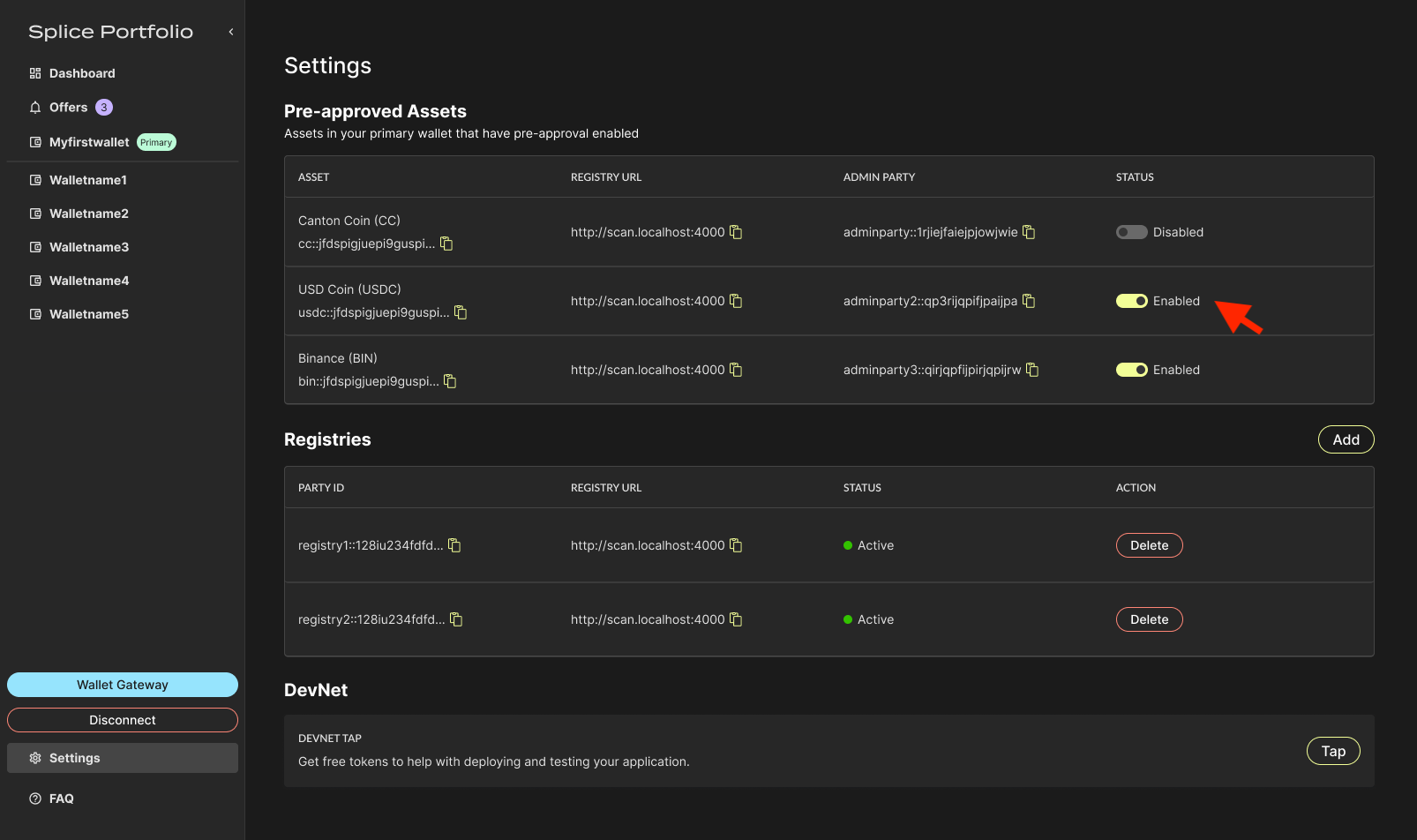 Pre-Approvals section of the Settings page with asset toggles