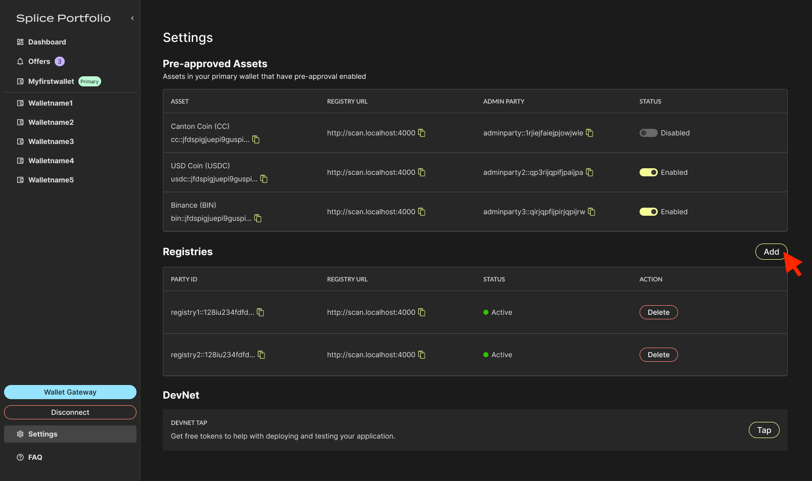 Registries section of the Settings page with the Add button