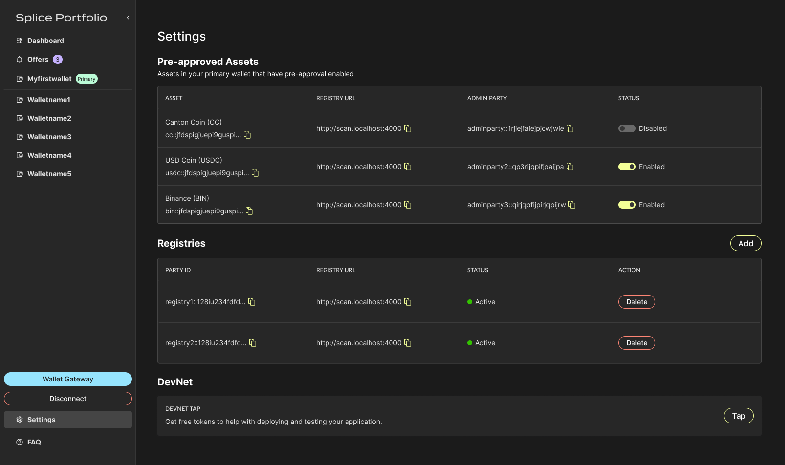 Registries listed in the Settings page