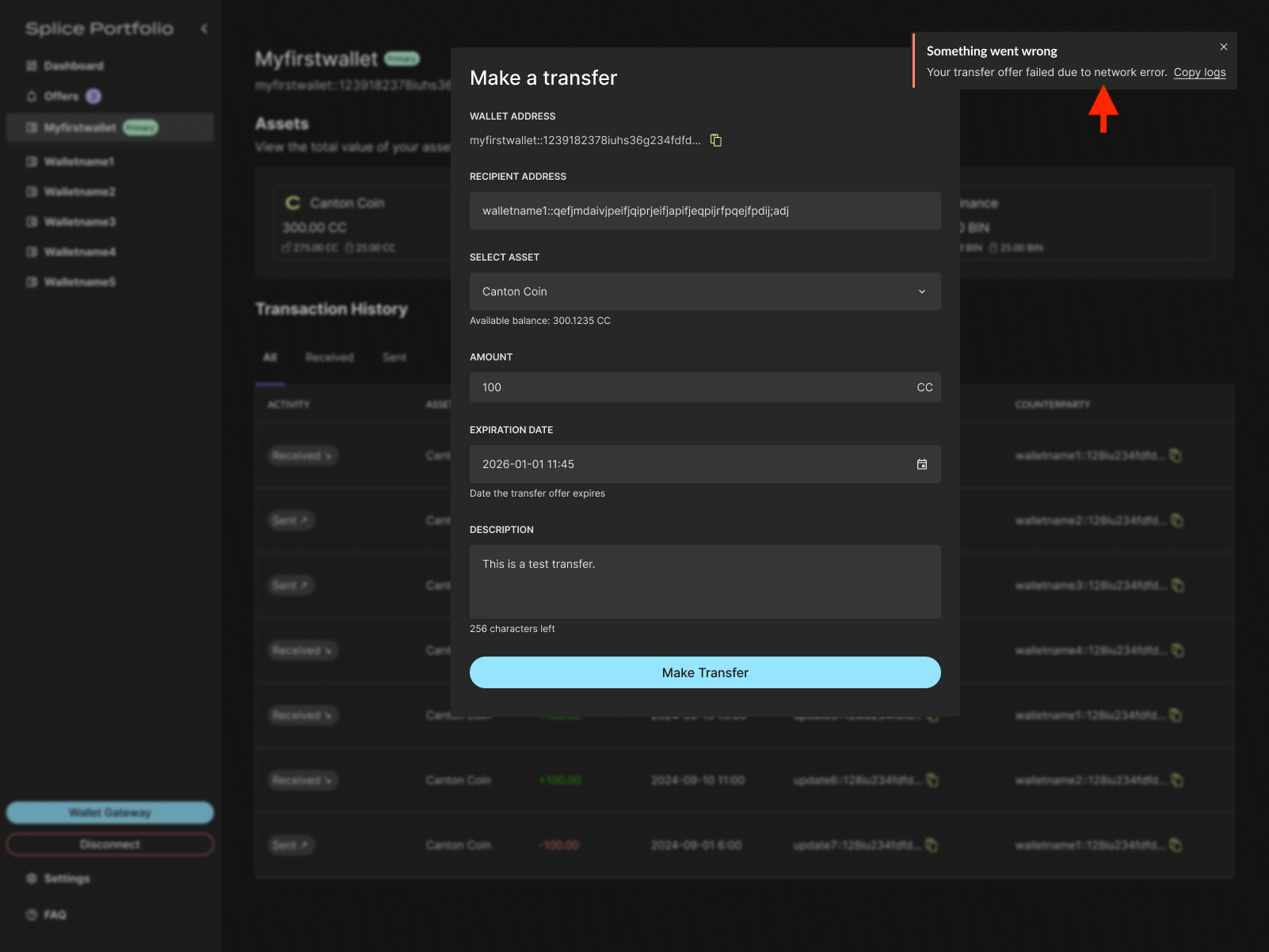 System error message with a copy logs option