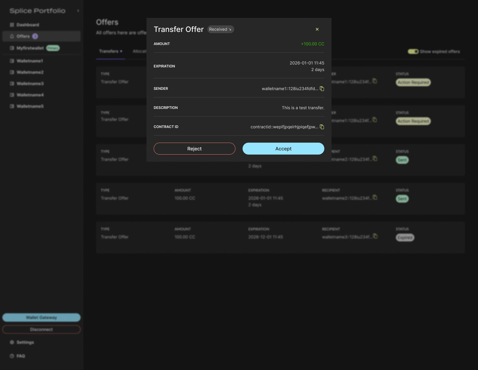 Accept and Reject buttons on a transfer offer