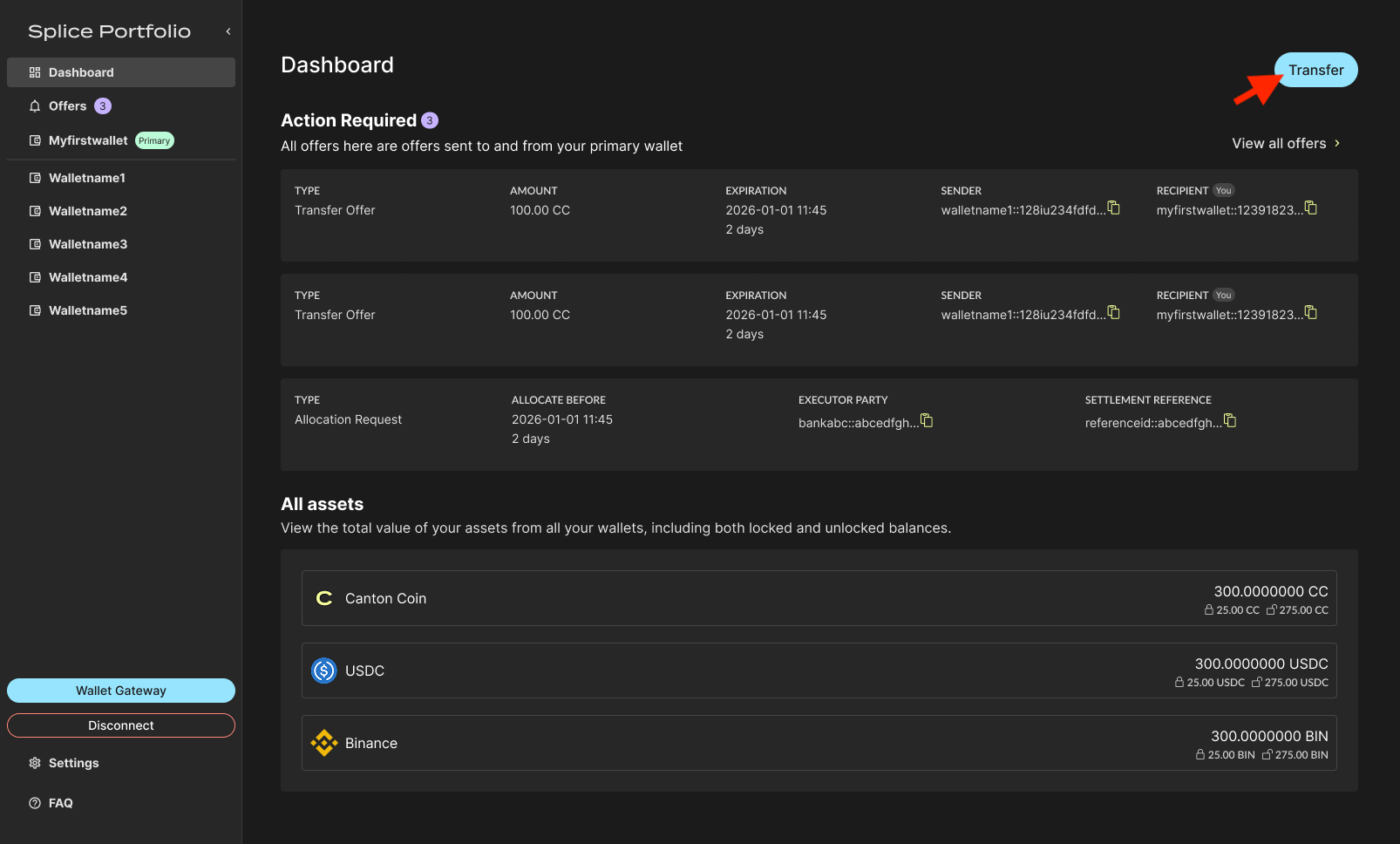 Transfer button on the Dashboard
