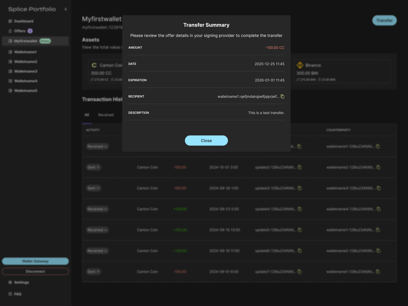 Transfer confirmation screen
