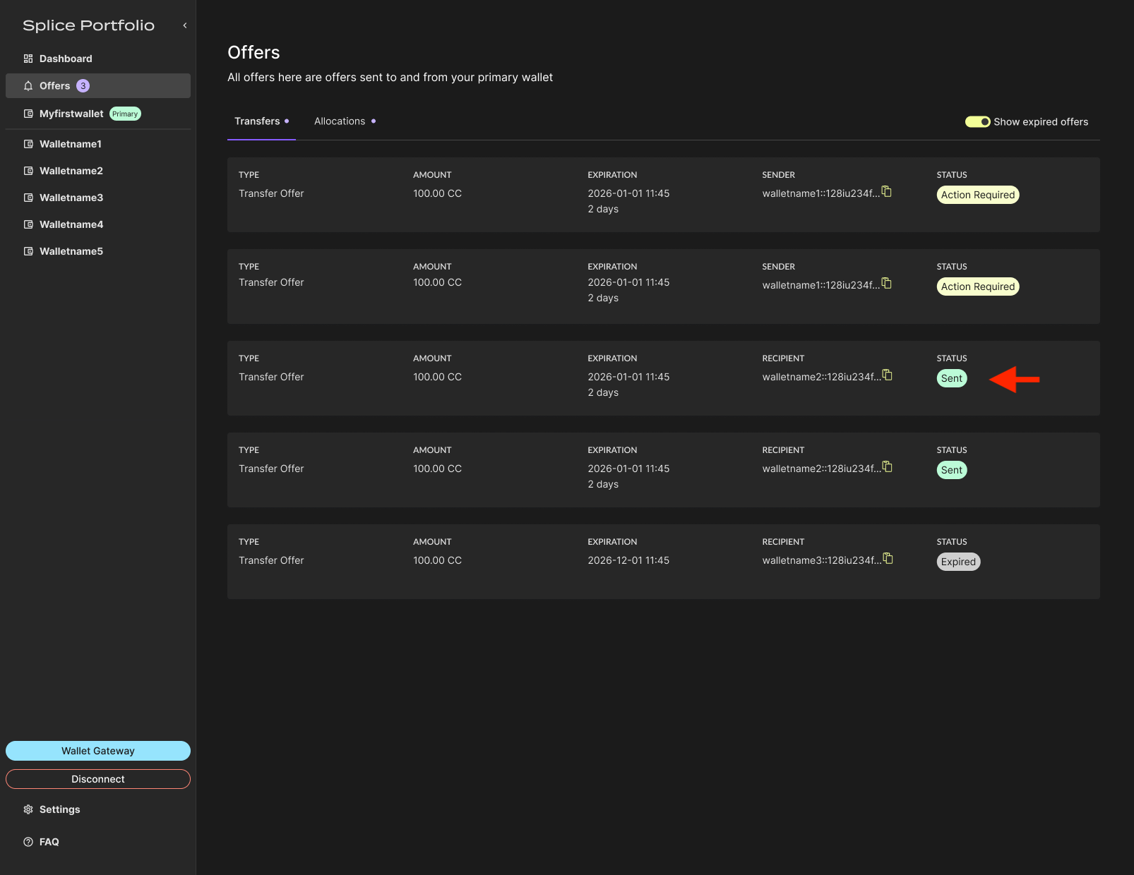 Transfer listed with Sent status in the Offers page