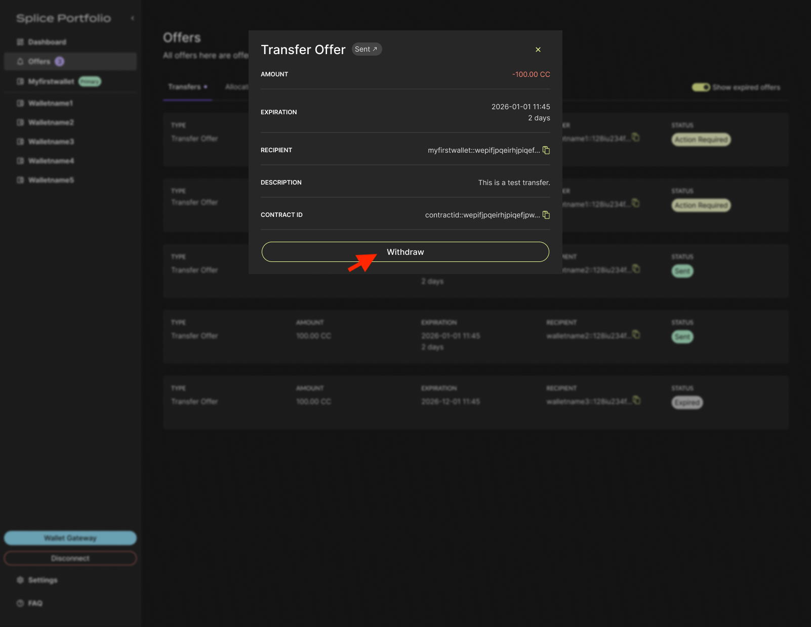 Withdraw button on a transfer offer