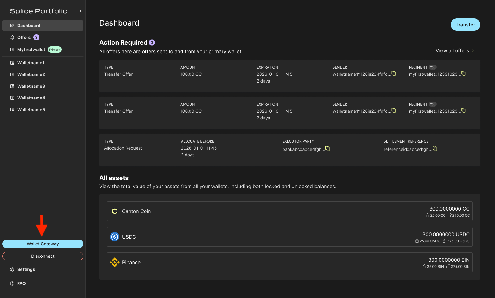 Wallet Gateway button at the bottom of the left navigation