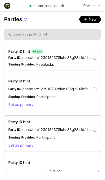 Parties tab of the Wallet Gateway showing the primary party