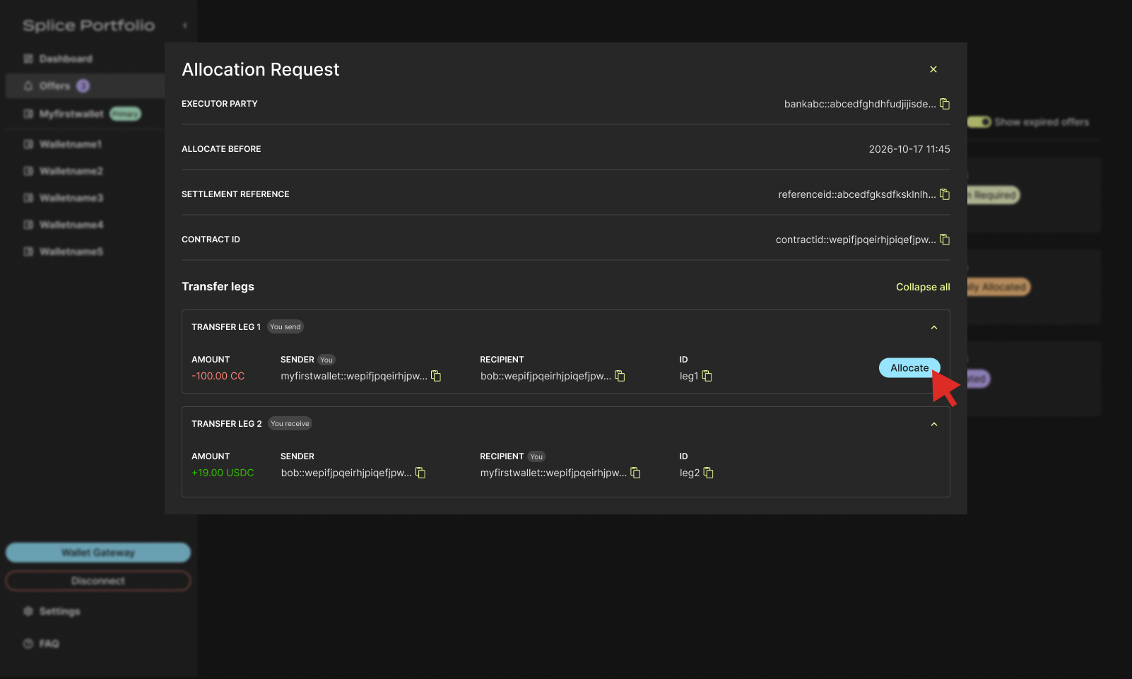 Allocate buttons on the trader legs of an allocation request