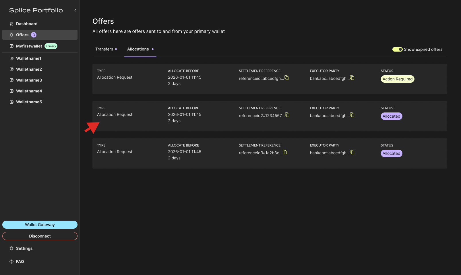 Allocated request selected in the Offers page