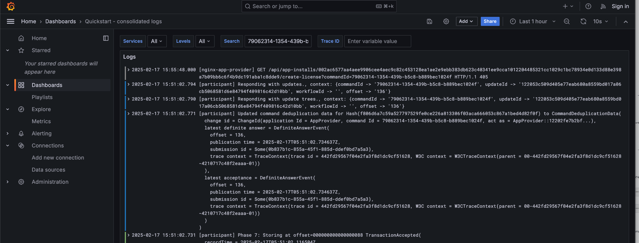 Grafana consolidated logs query for command-id