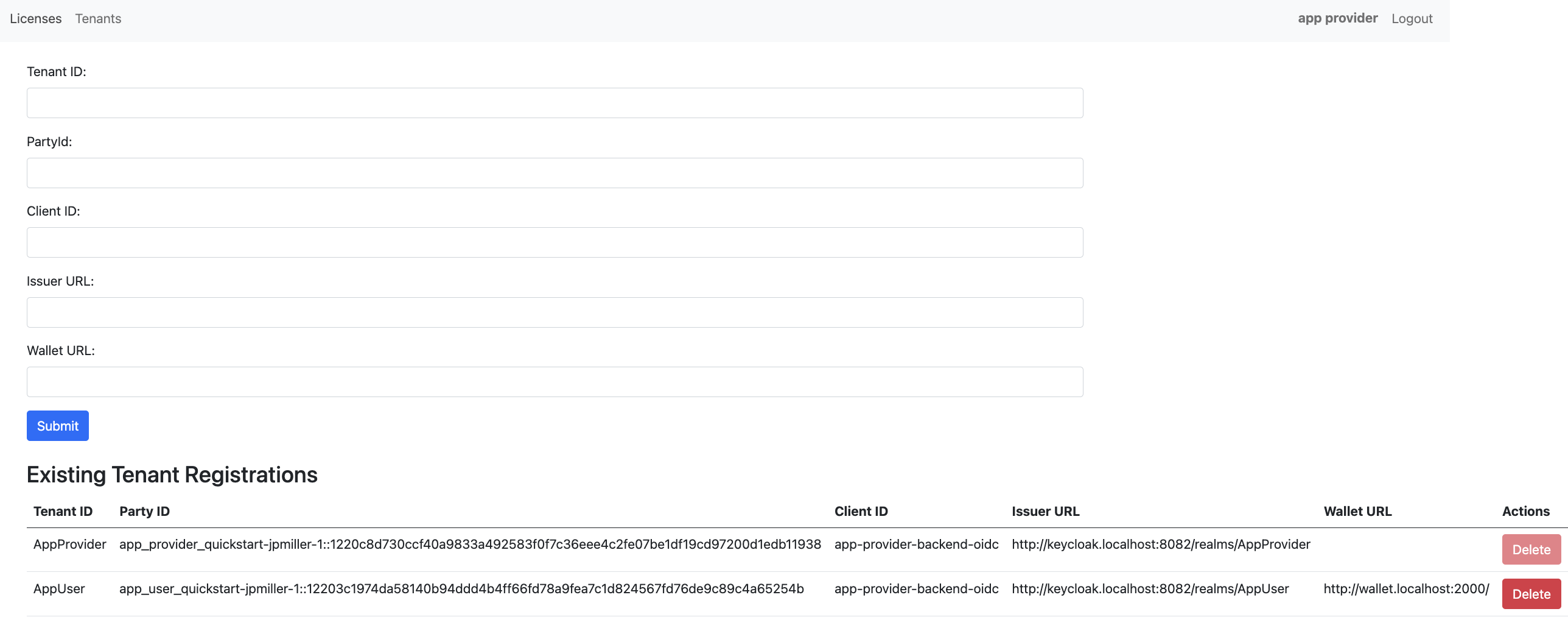 AppProvider Tenants menu