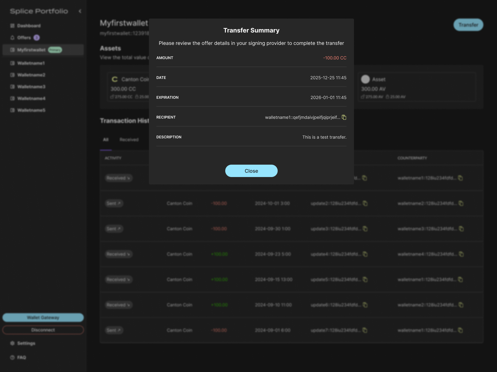 Transfer confirmation screen