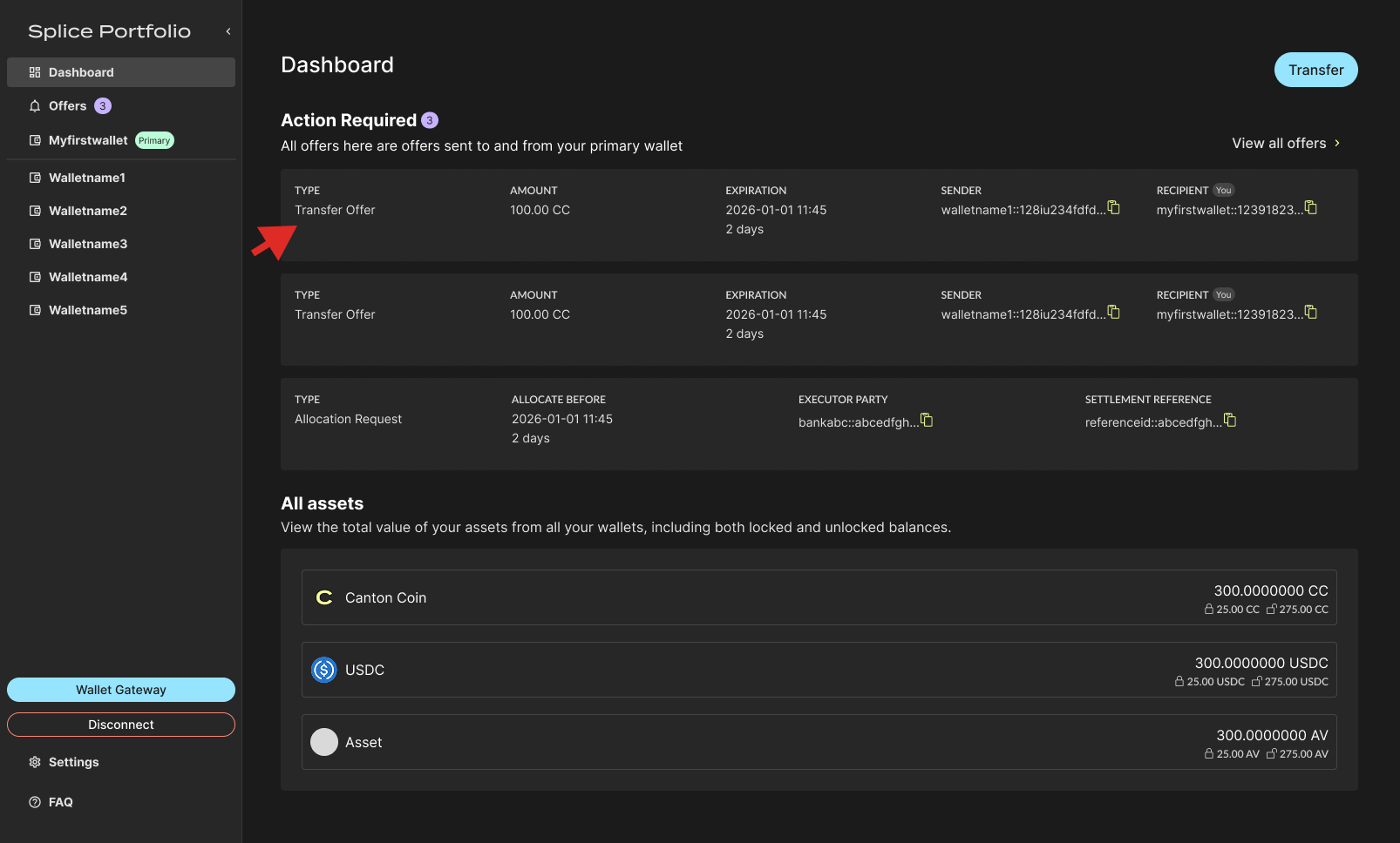 Incoming transfer offer on the Dashboard