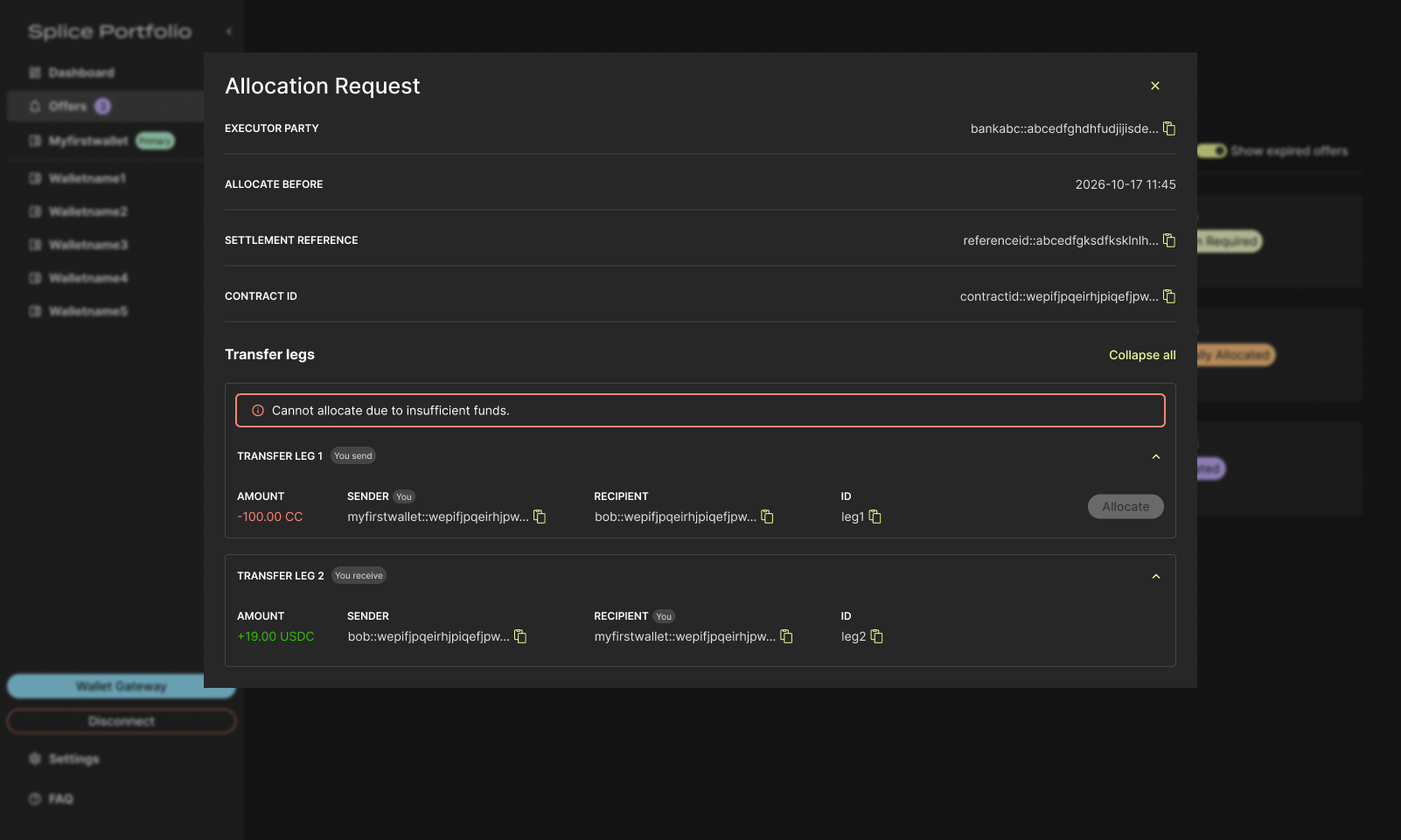 Insufficient funds message on an allocation request