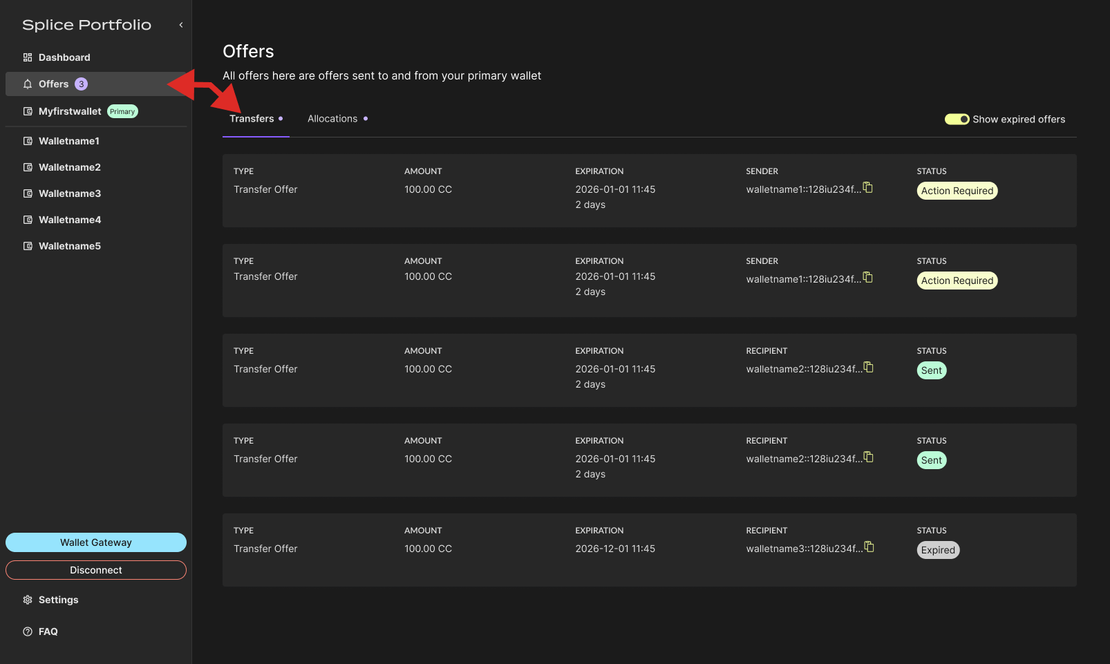Offers page with the Transfers tab selected