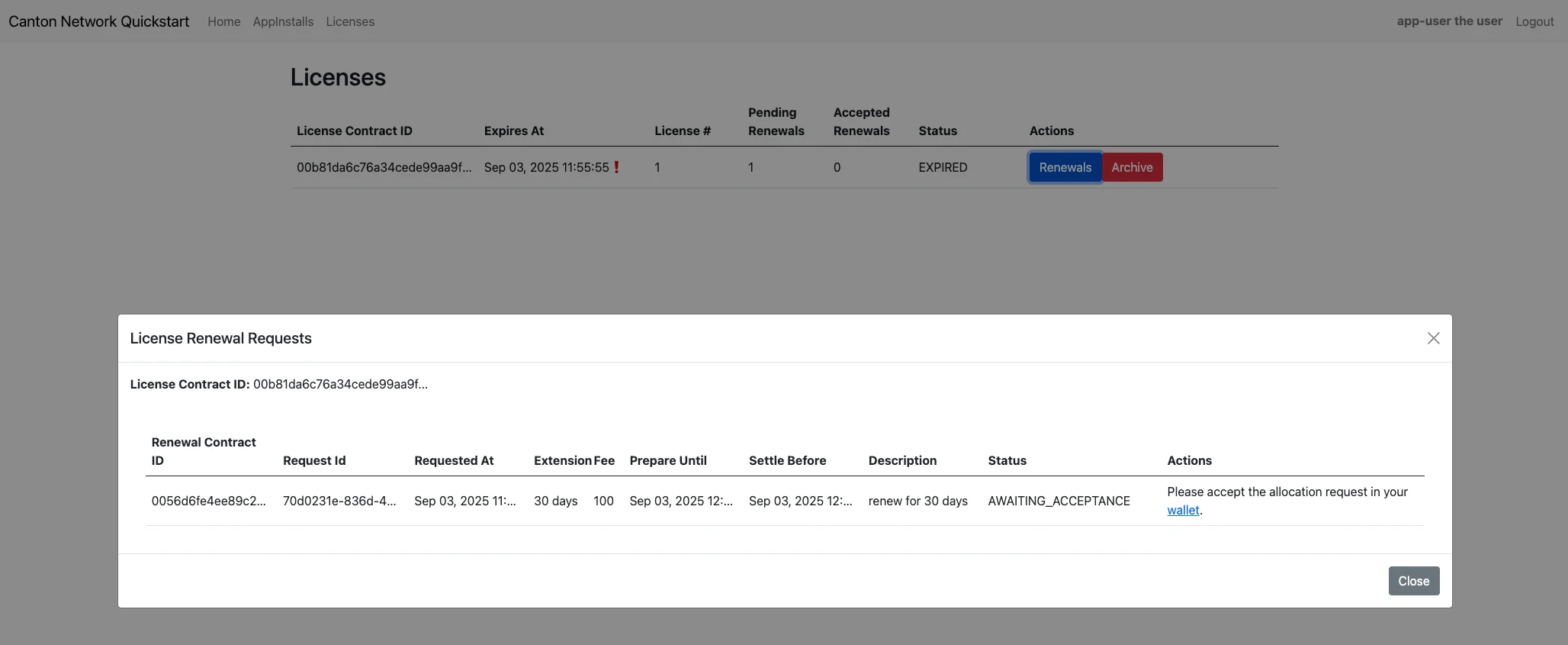 AppUser Licenses menu