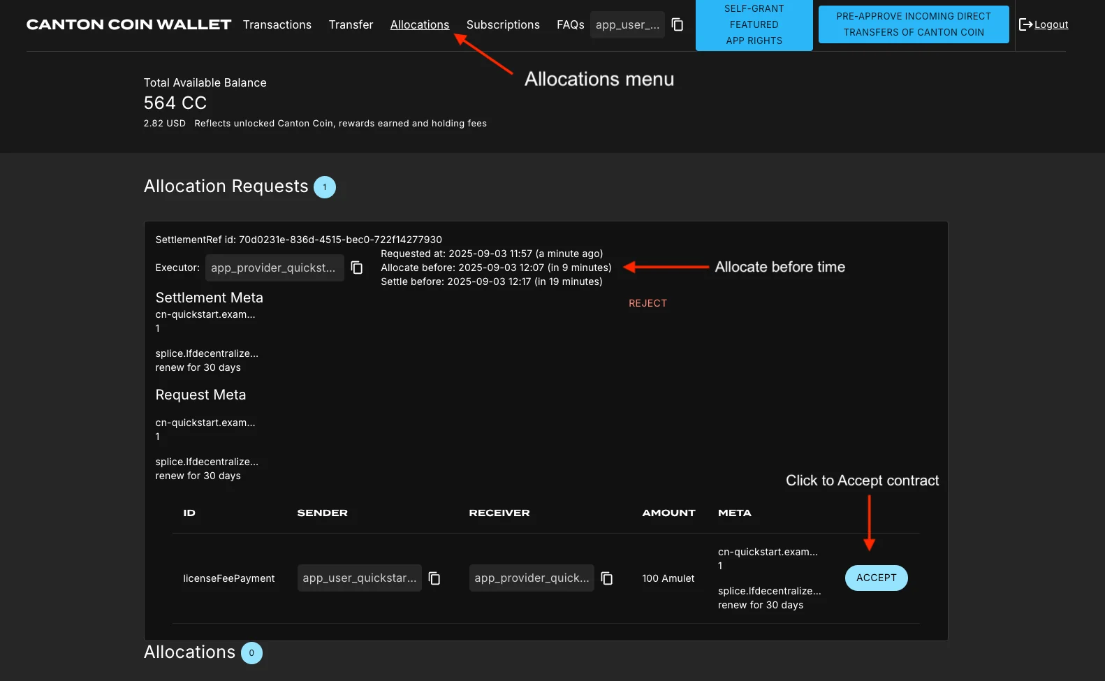 CC Wallet accept allocation