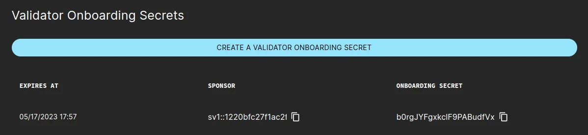 Generate an onboarding secret in the SV UI.