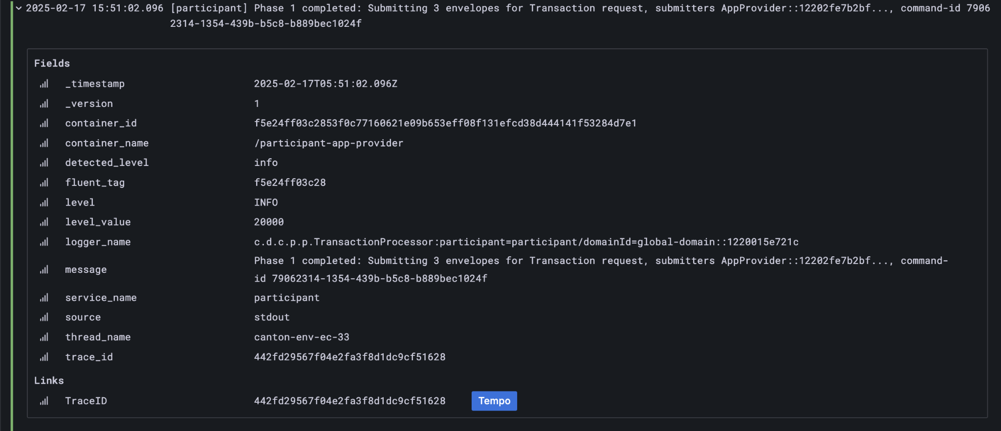 Participant Node log entry for command-id