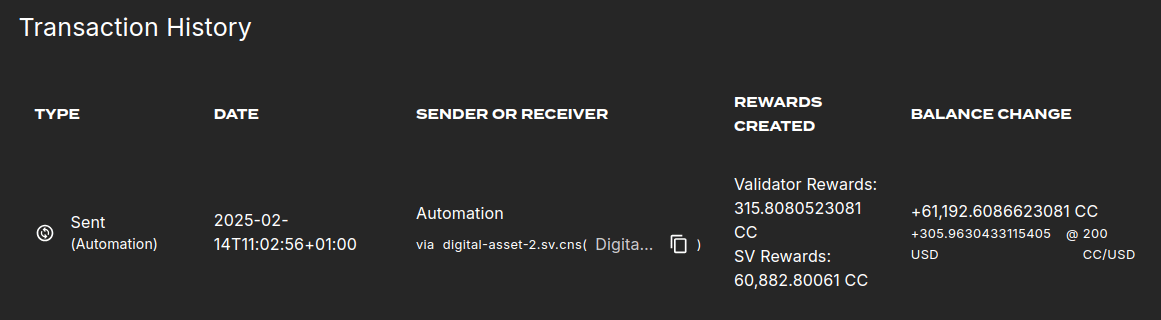 Transaction history showing a validator reward transaction.