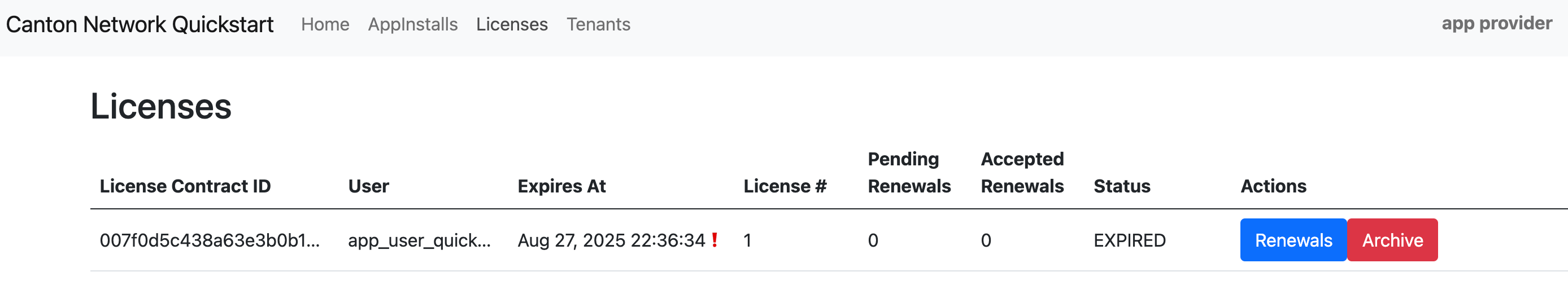 Licenses view