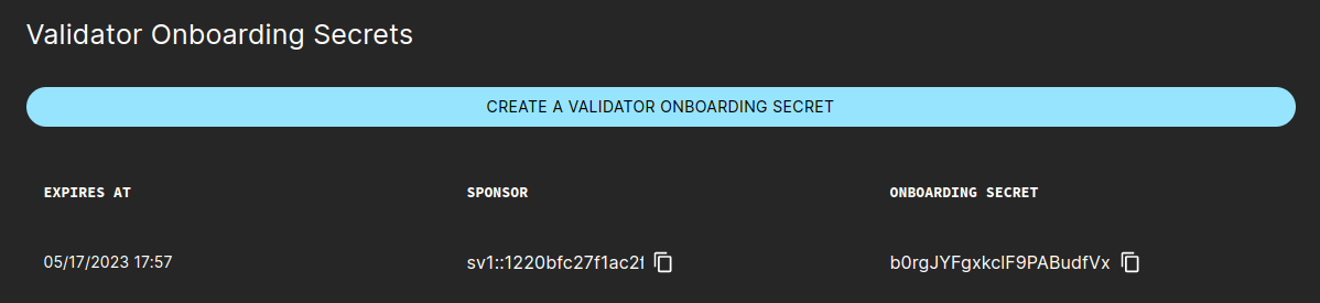 Generate an onboarding secret in the SV UI.