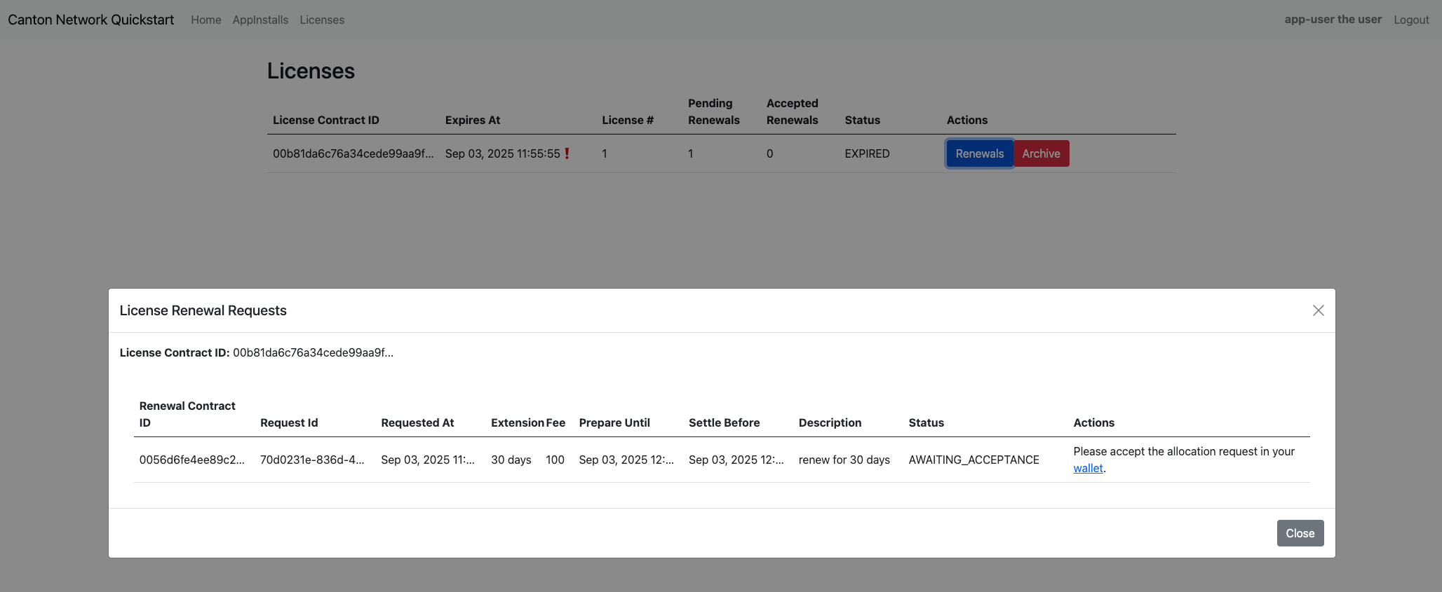 AppUser Licenses menu