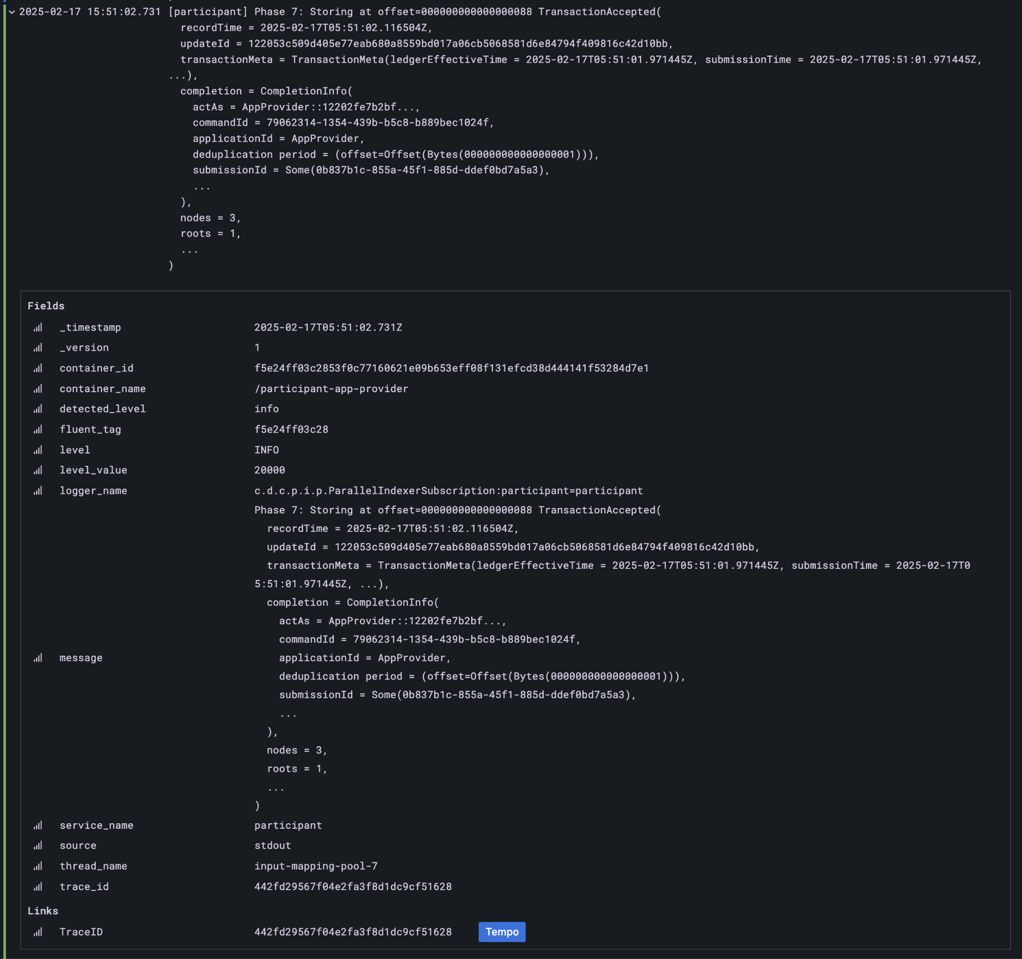 Participant Node log entry for transaction added to ledger