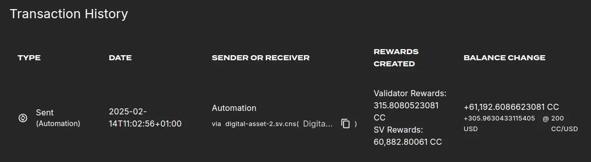 Transaction history showing a validator reward transaction.