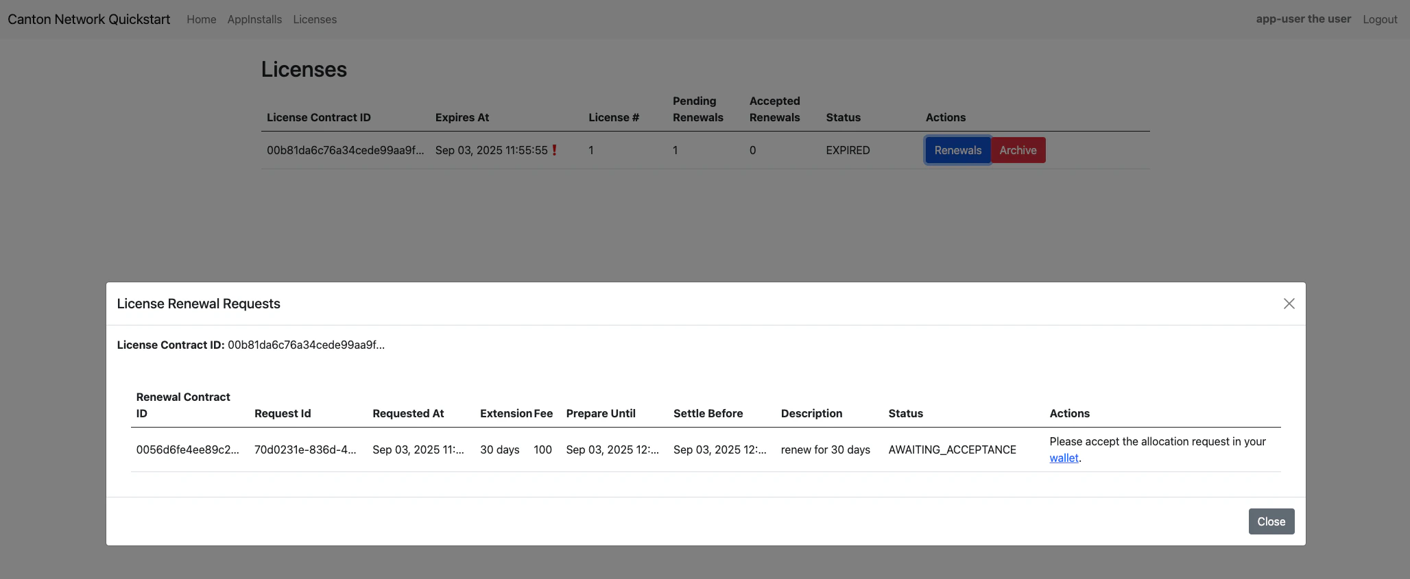 AppUser Licenses menu
